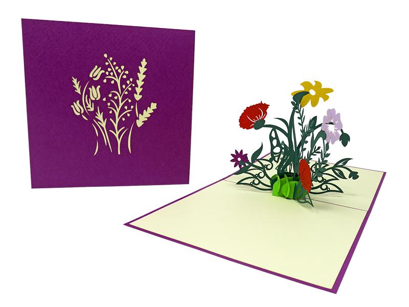 Purple greeting card with a colourful wildflower pop-up design